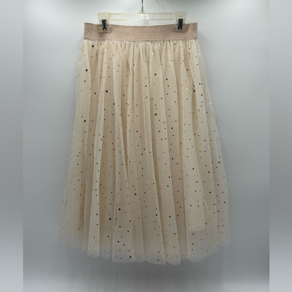 EleStory Star Moon Tulle Midi‎ Skirt Champagne Gold Elastic Waist Small